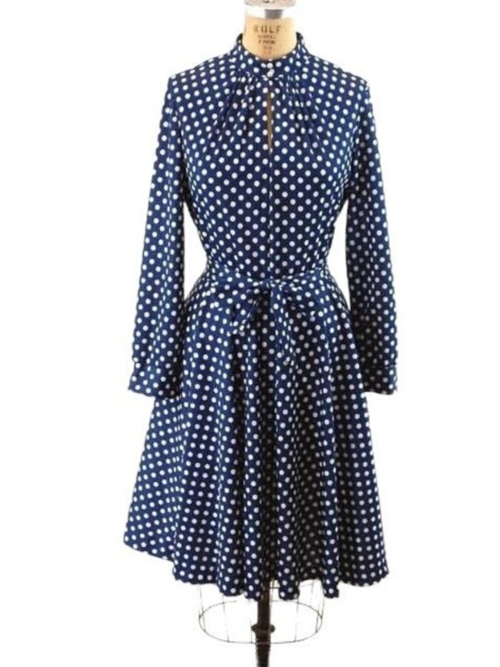 1970s skaters dress blue white polka dot keyhole bodice circle skirt Size L